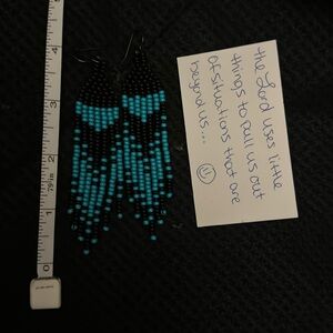 Native Style Blue & Black Glass Seed Beaded Earrings 1pr Hand Made Dangle